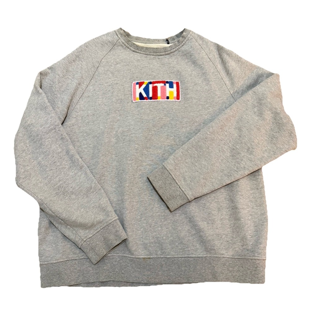 KITH‎ Sweater Mens Medium GEO COLOR BOX LOGO CREWNECK Sweatshirt Lt Grey